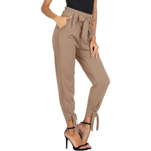 Liumilac Women Tan High Waist With Pockets Bow-knot Cropped Dress Pants Size L - Picture 2 of 9